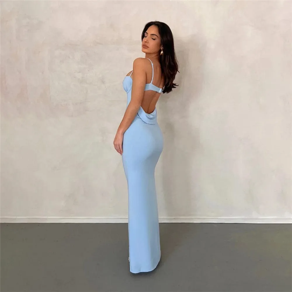 Blue Slim Maxi Dress Women Sexy Backless Evening Party Dress 2023 Summer Fashion Strap Hollow Out Long Club Outfits Sleeveless