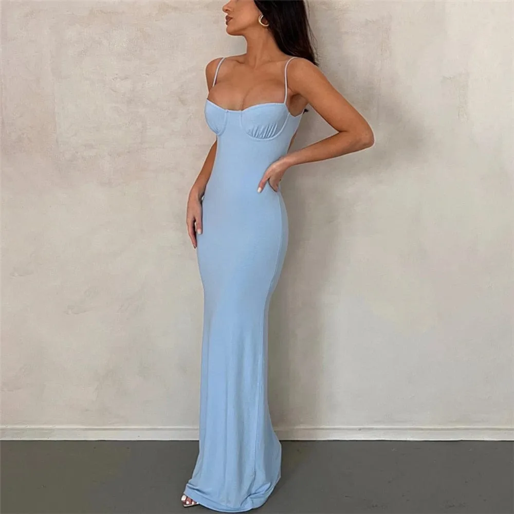 Blue Slim Maxi Dress Women Sexy Backless Evening Party Dress 2023 Summer Fashion Strap Hollow Out Long Club Outfits Sleeveless