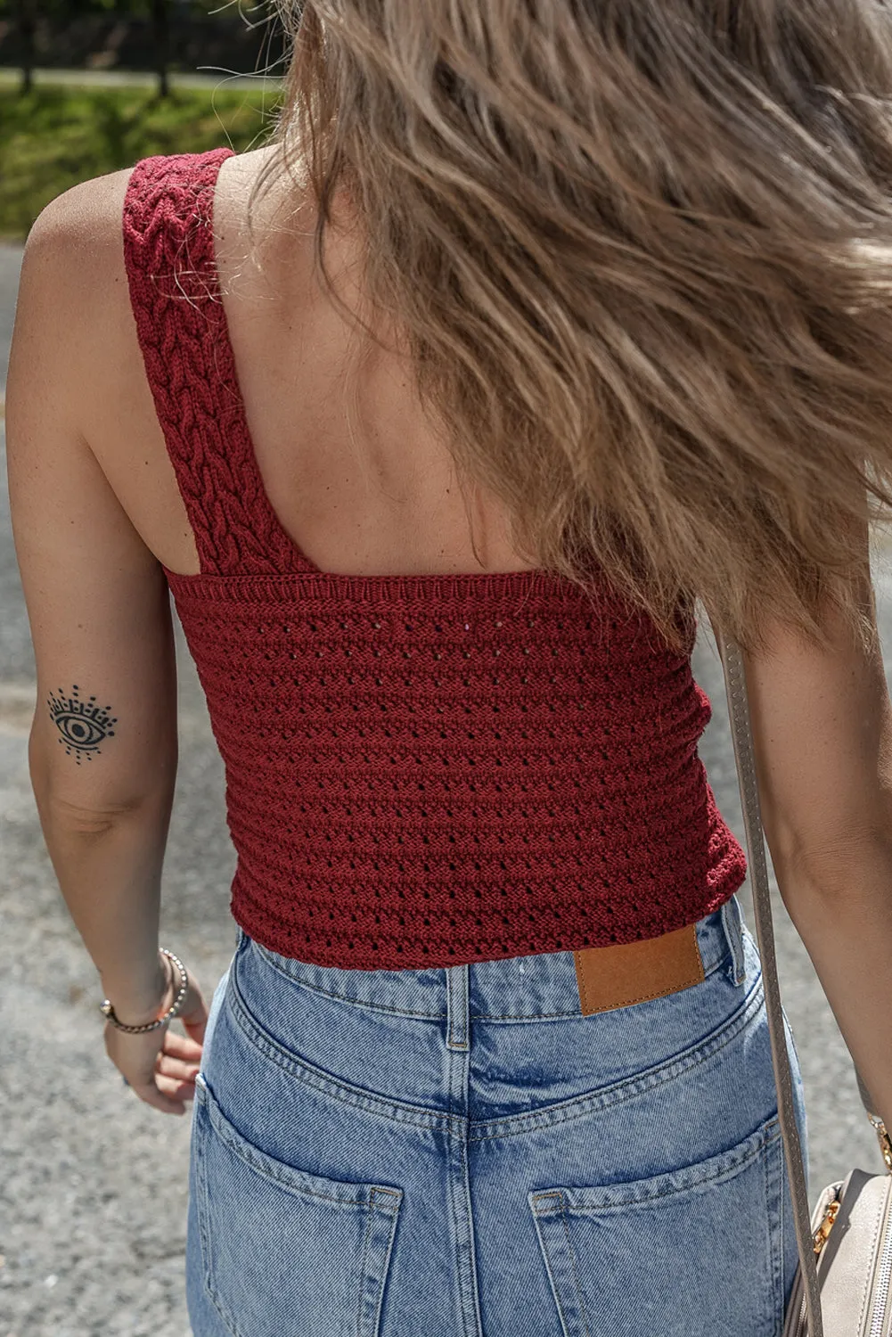 Burgundy Slim Fit V Neck Cable Knit Pointelle Camisole