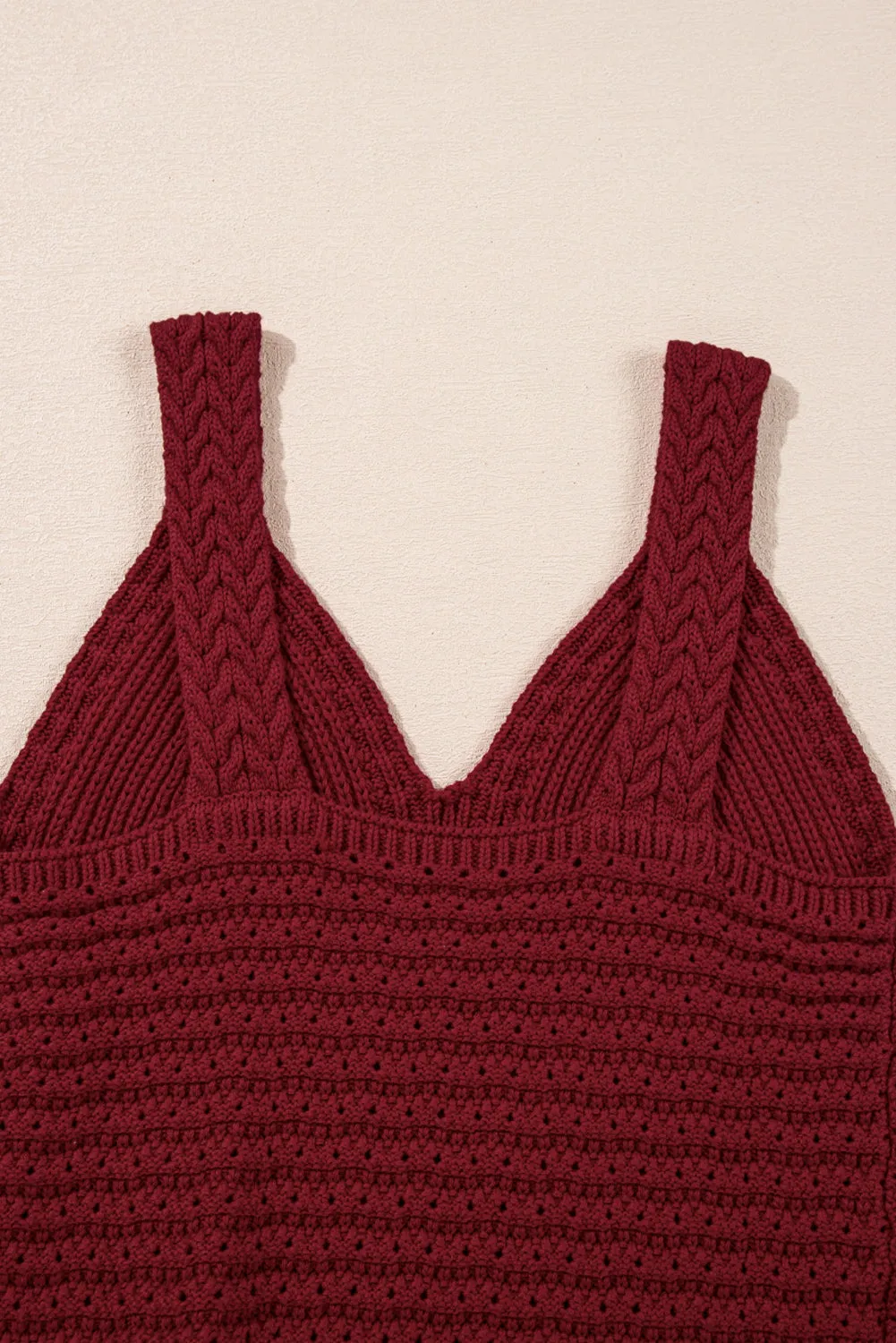 Burgundy Slim Fit V Neck Cable Knit Pointelle Camisole