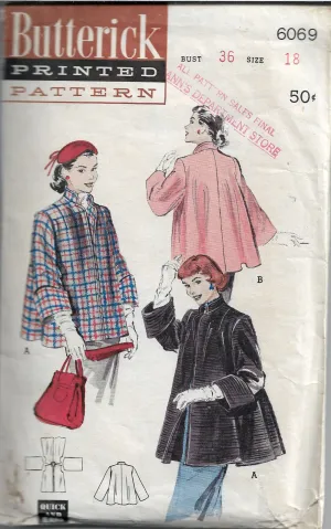 Butterick 6069 Ladies Coat Jacket Topper Stand Up Collar Vintage Sewing Pattern 1950s