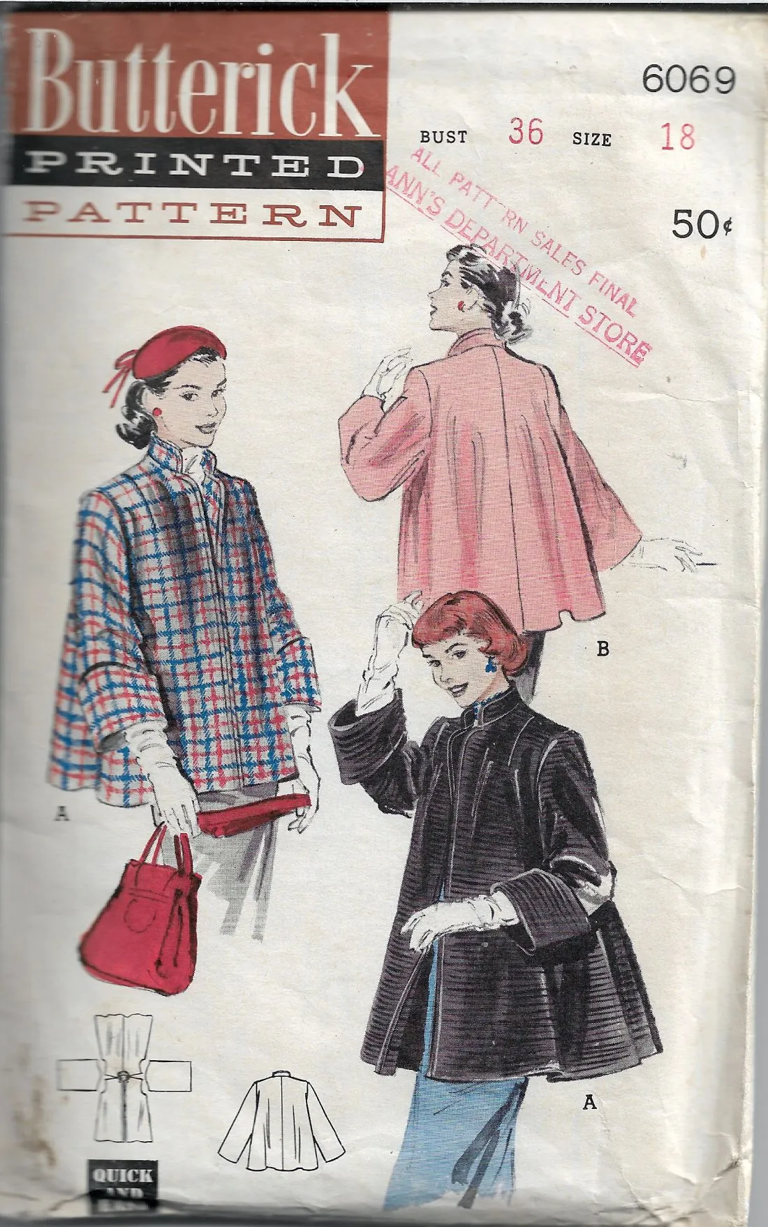 Butterick 6069 Ladies Coat Jacket Topper Stand Up Collar Vintage Sewing Pattern 1950s