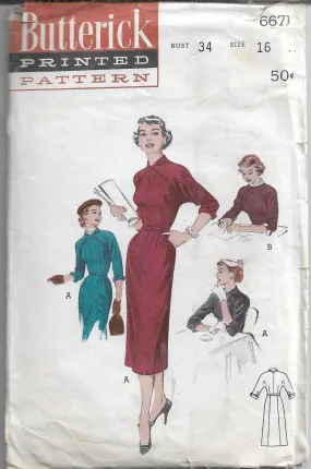 Butterick 6671 Ladies Slim Dress Shawl Collar Vintage Sewing Pattern 1950s