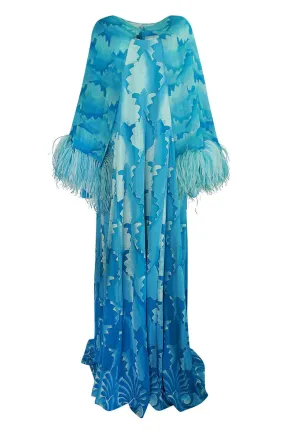 c.1972 La Mendola Blue Print Jersey Dress w Feather Trim Cape