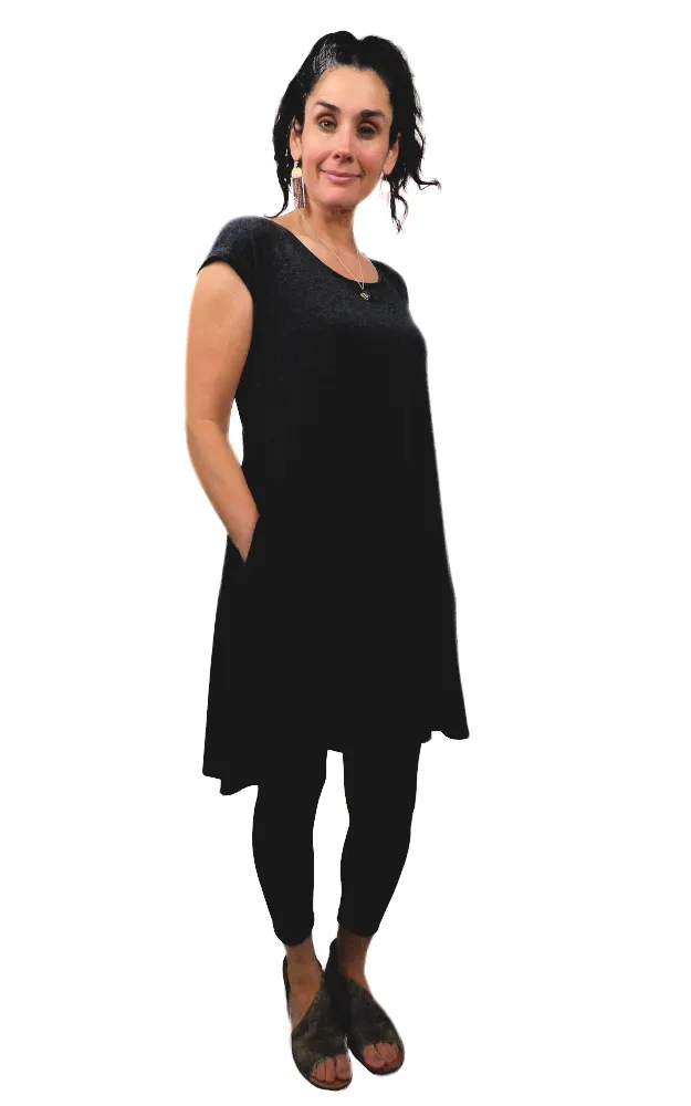 Cap Sleeve Tunic Dress w/pockets - Black  Bamboo