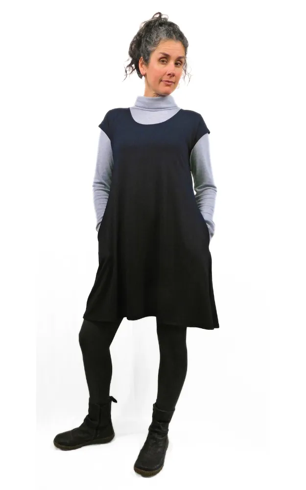 Cap Sleeve Tunic Dress w/pockets - Black  Bamboo