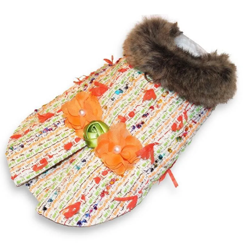 Chic Orange Multicolor Luxury Tweed Dog Coat