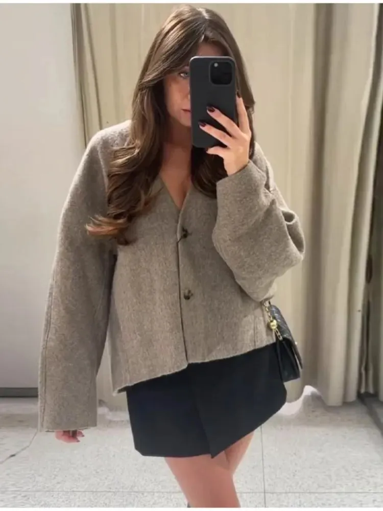 Classy loose fit sleeves double breasted fall blazer coat autumn jacket