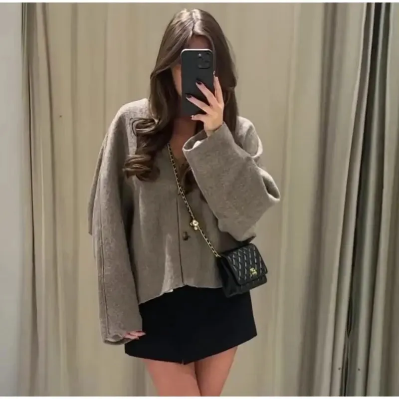 Classy loose fit sleeves double breasted fall blazer coat autumn jacket