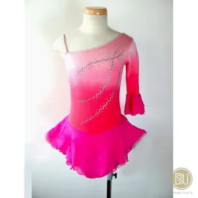 Competition Figure Skating Dress Orange Fuschia Ombre 1 Sleeve Crystals