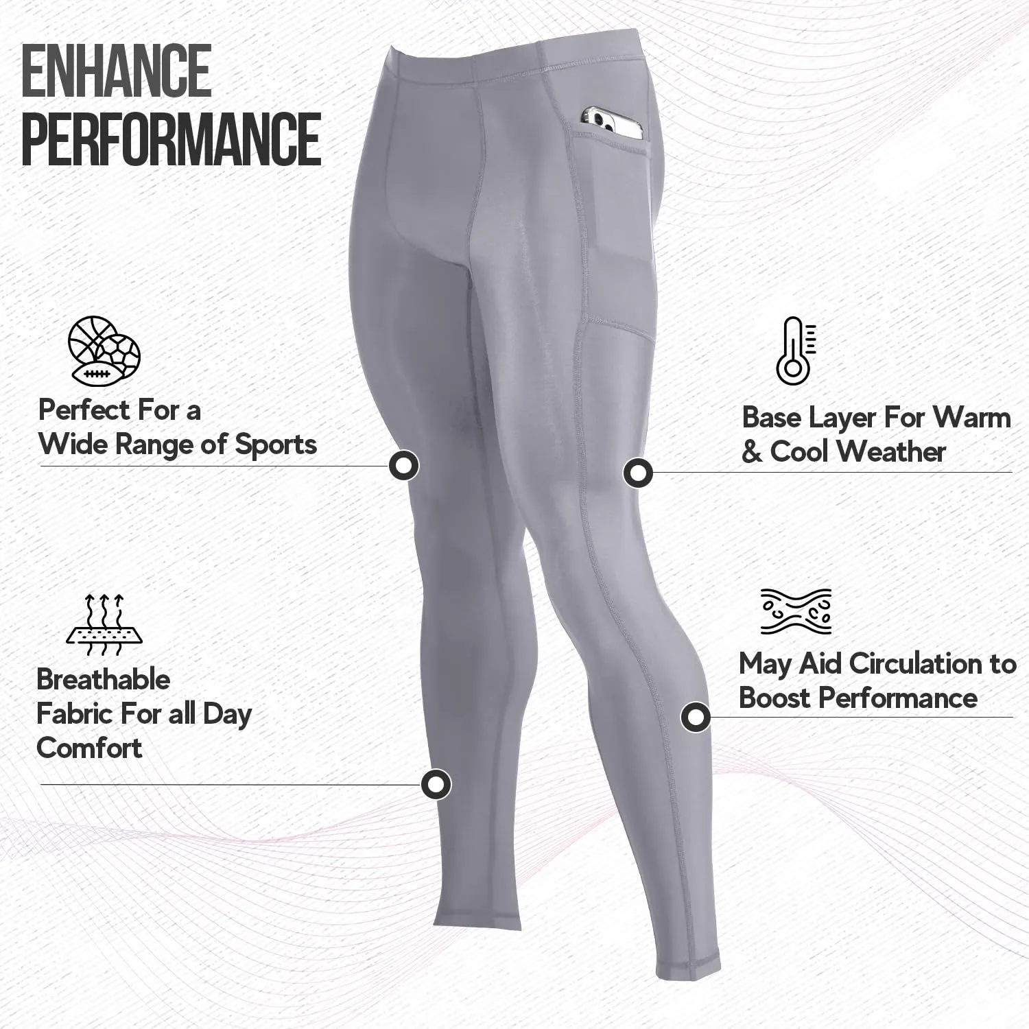 Compressionz Men's Compression Pants Base Layer Running Tights Gray 2XLarge