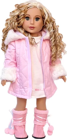 Cotton Candy - Clothes for 18 inch Doll - Pink Parka with Hood, Short Ivory Dress and Pink Boots