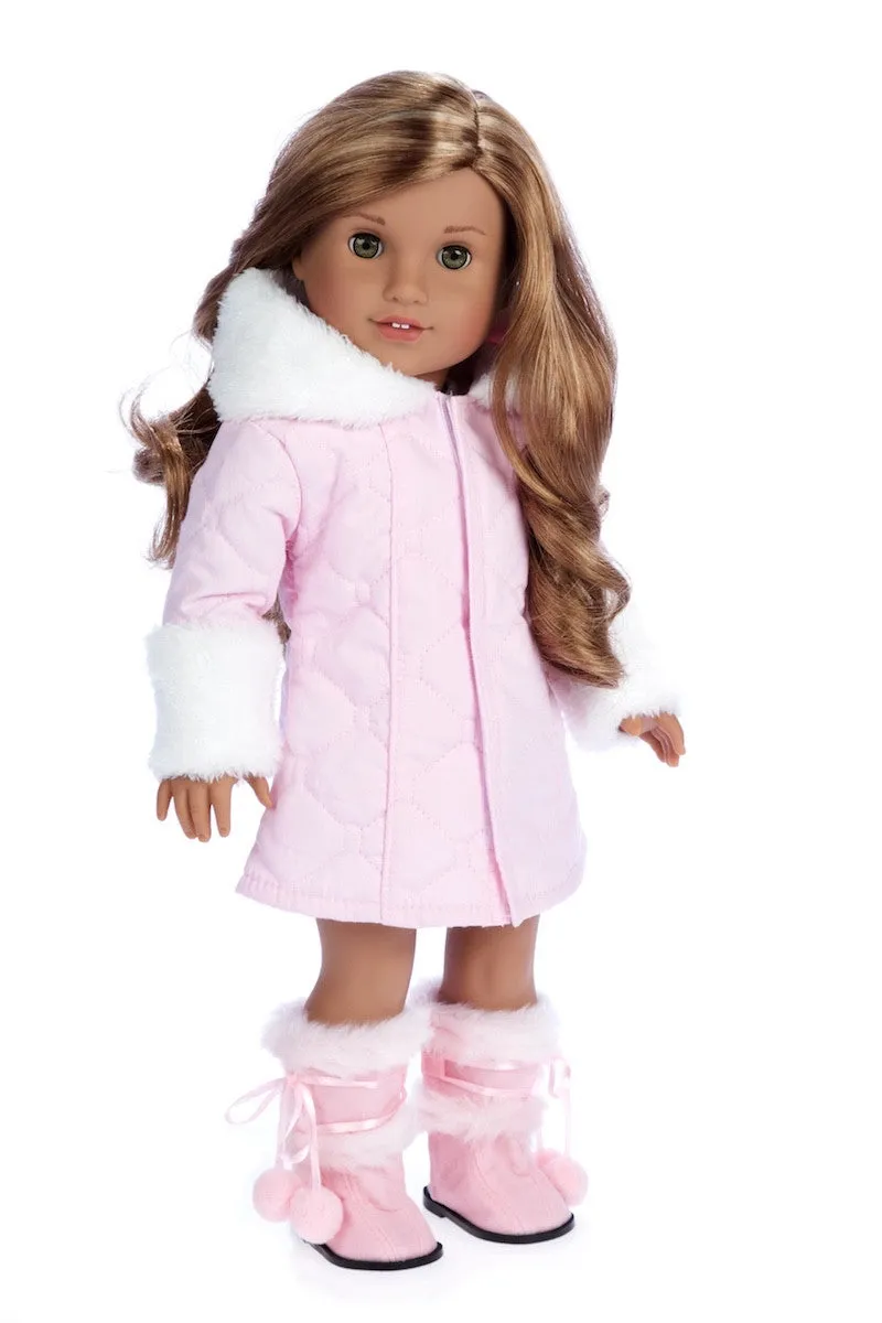 Cotton Candy - Clothes for 18 inch Doll - Pink Parka with Hood, Short Ivory Dress and Pink Boots