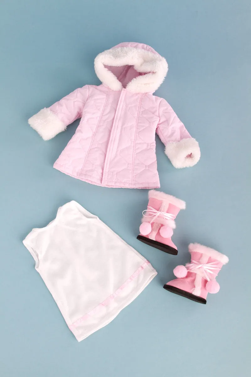 Cotton Candy - Clothes for 18 inch Doll - Pink Parka with Hood, Short Ivory Dress and Pink Boots