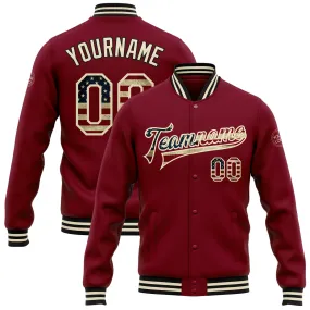 Custom Crimson Vintage USA Flag Cream-Black Bomber Full-Snap Varsity Letterman Jacket