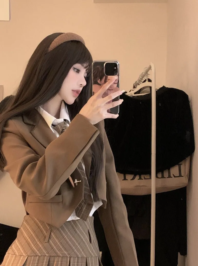 Dark Academia Brown & Navy Blue Blazer Jacket Long Sleeve Shirt Plaid Pleated Skirt Three Piece Set