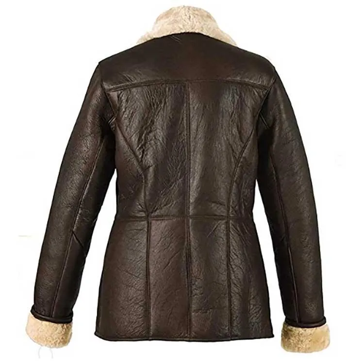 Dark Brown Aviator Fur Collar Leather Jacket for Women