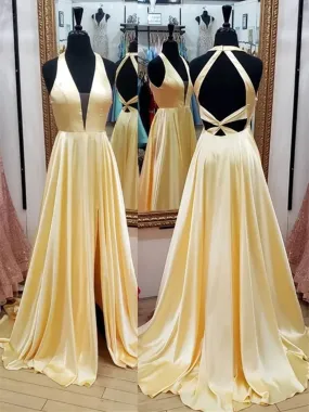 Deep V Neck Open Back Yellow Long Prom with Leg Slit, Yellow Formal Graduation Evening