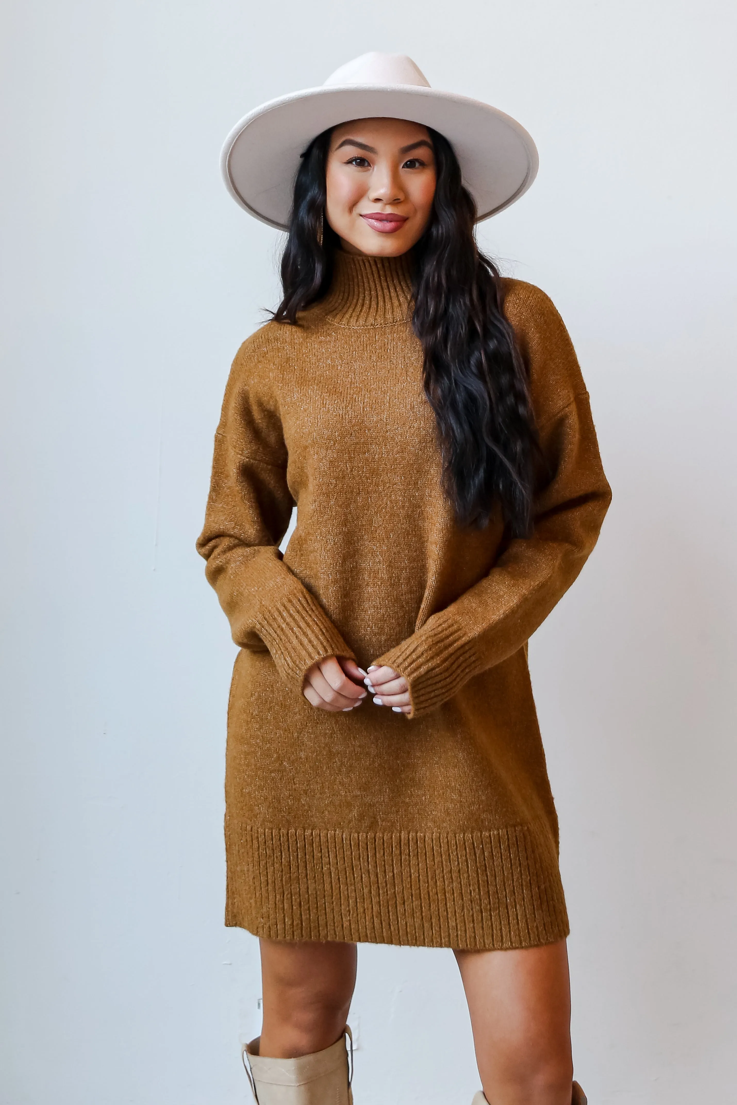 Definitely Chic Camel Mini Sweater Dress - DOORBUSTER