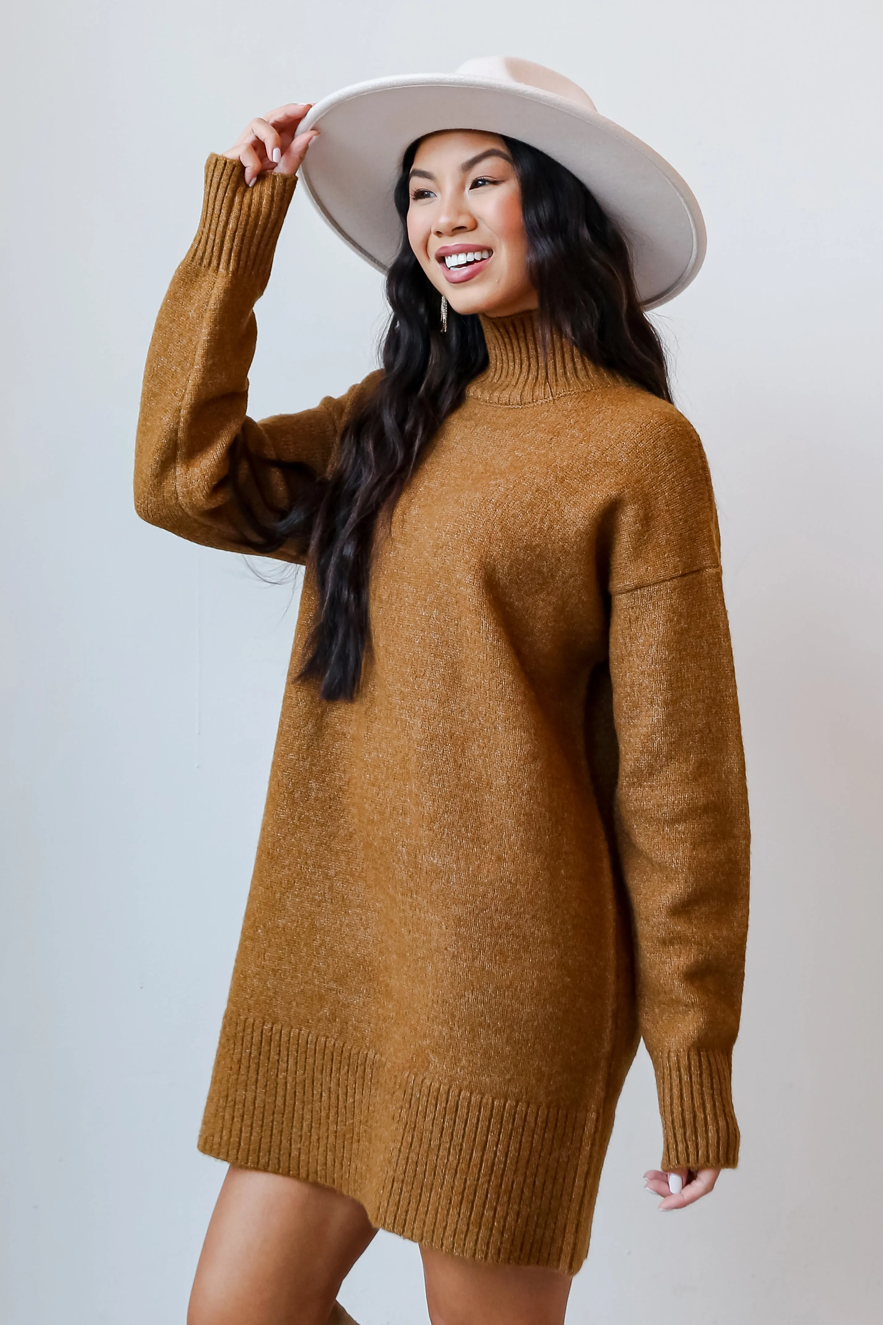 Definitely Chic Camel Mini Sweater Dress - DOORBUSTER