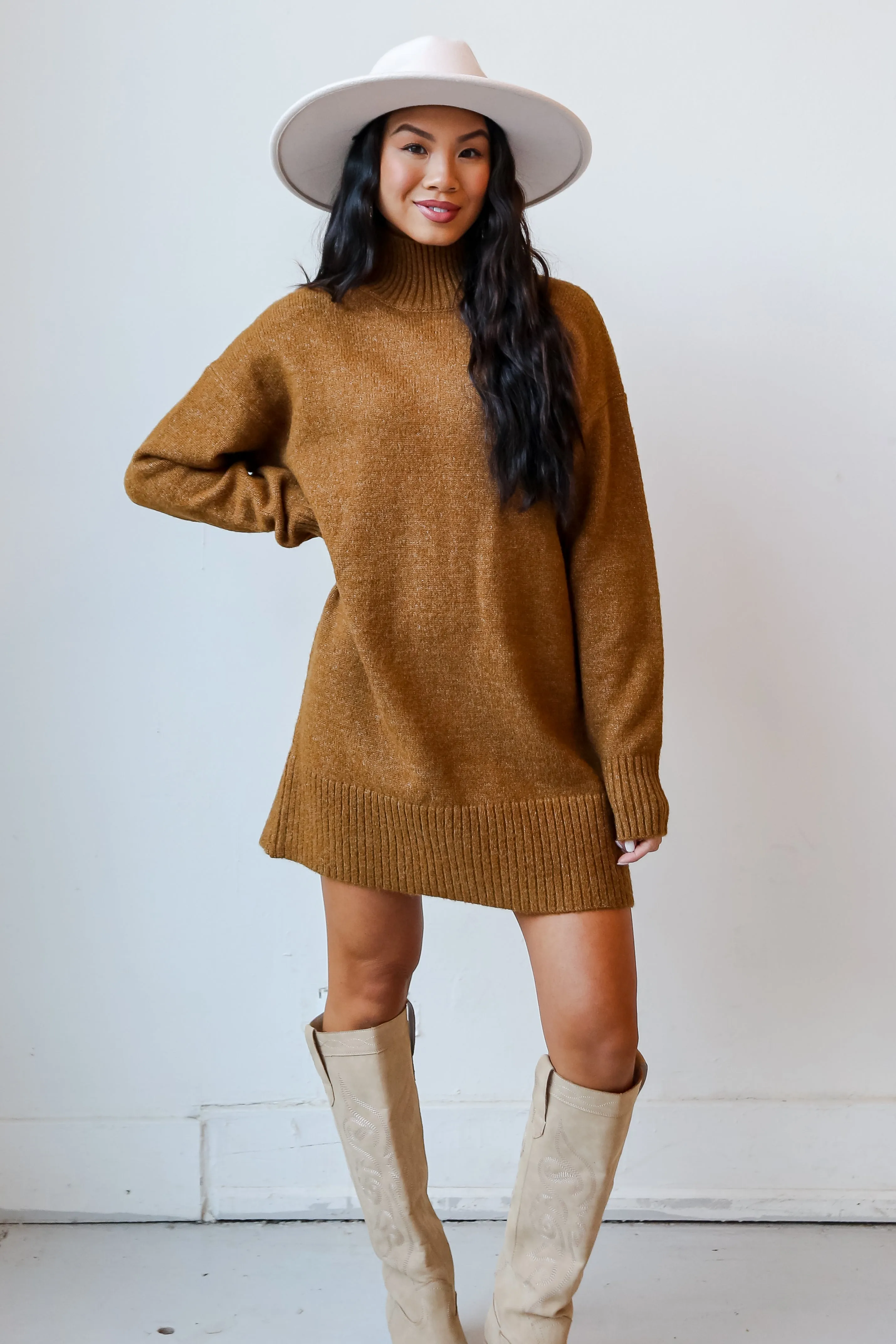 Definitely Chic Camel Mini Sweater Dress - DOORBUSTER