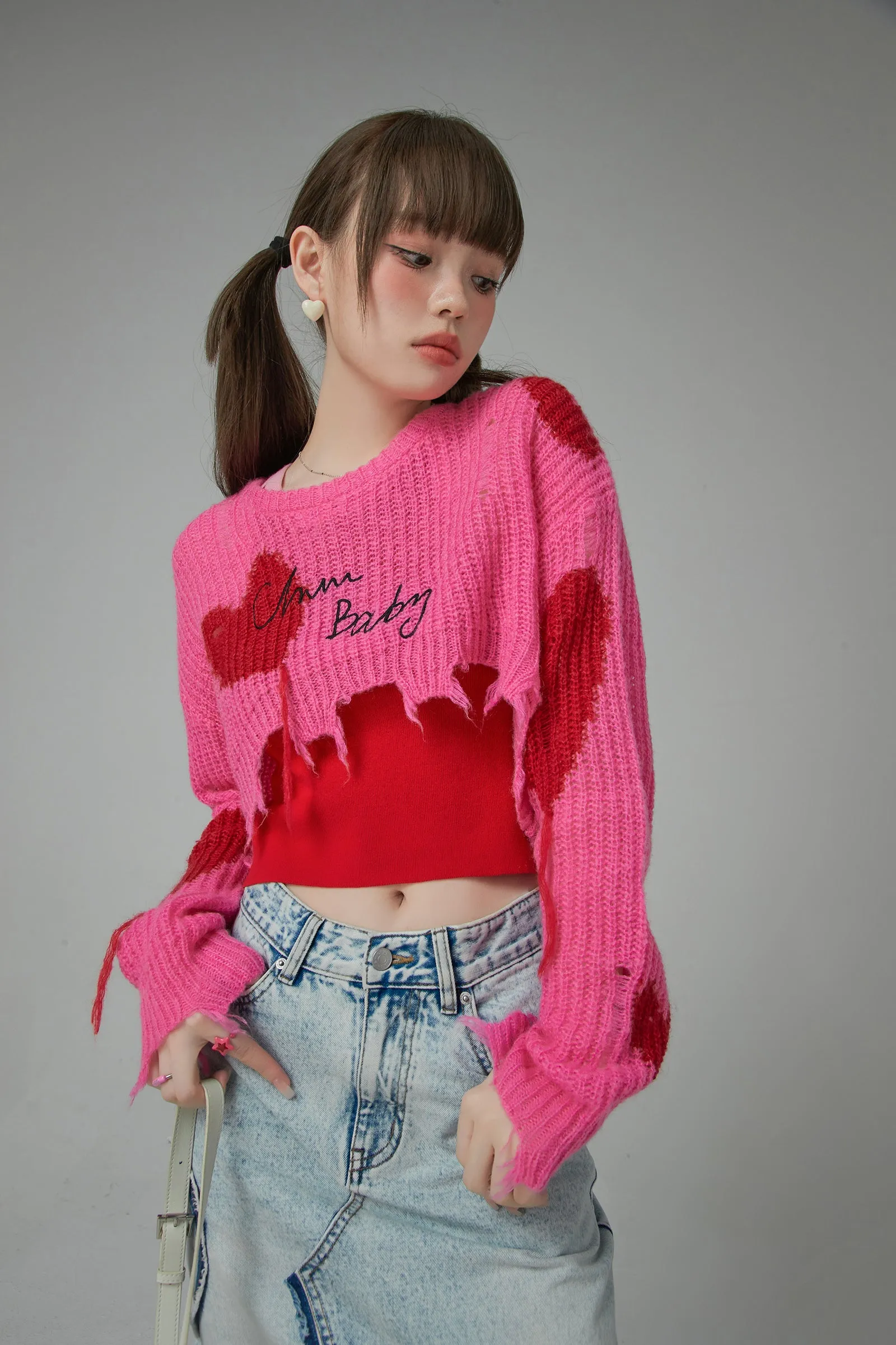 Distressed Heart Cropped Knit Sweater