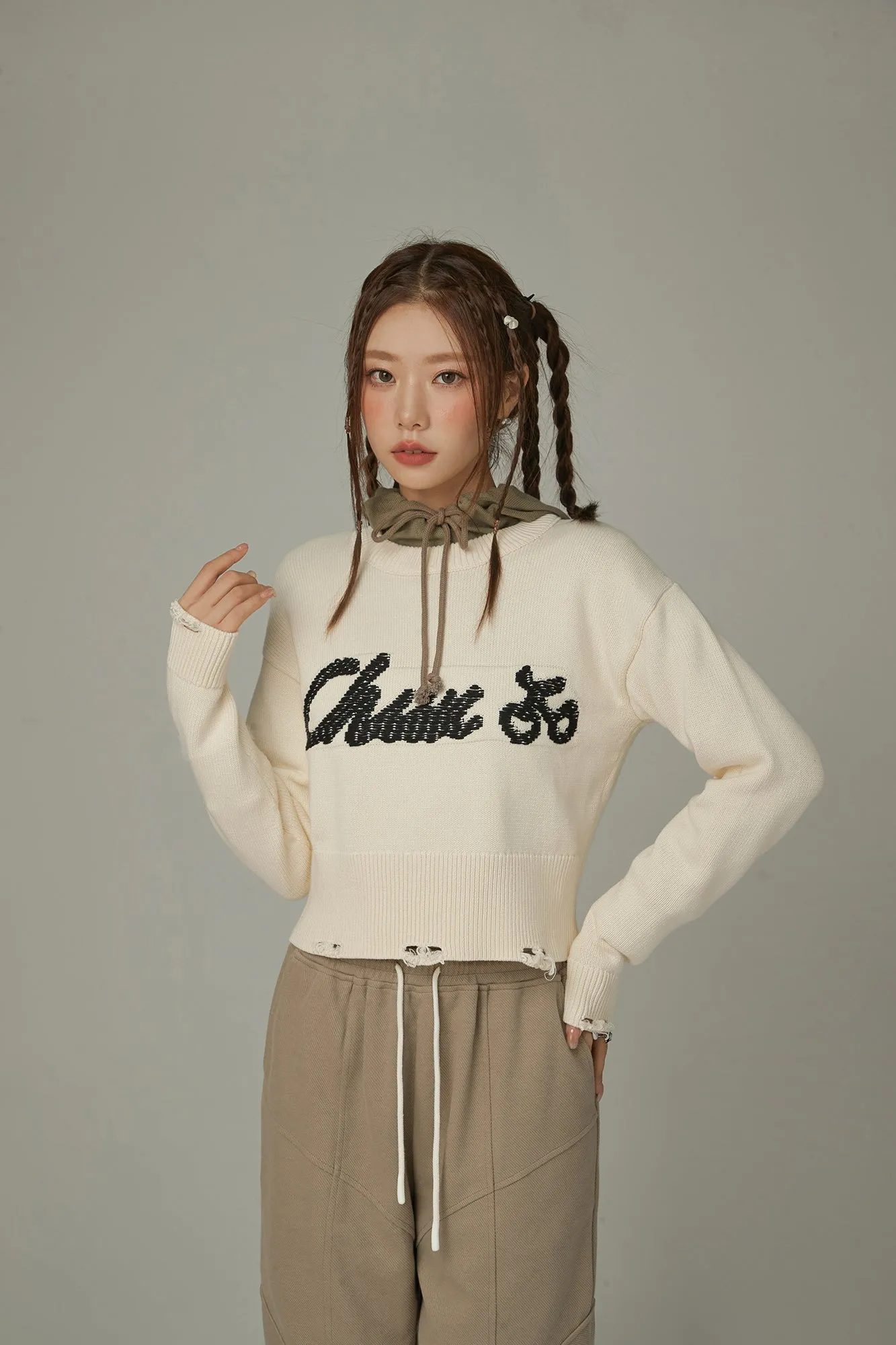 Distressed Lettering Crop Knit Sweater