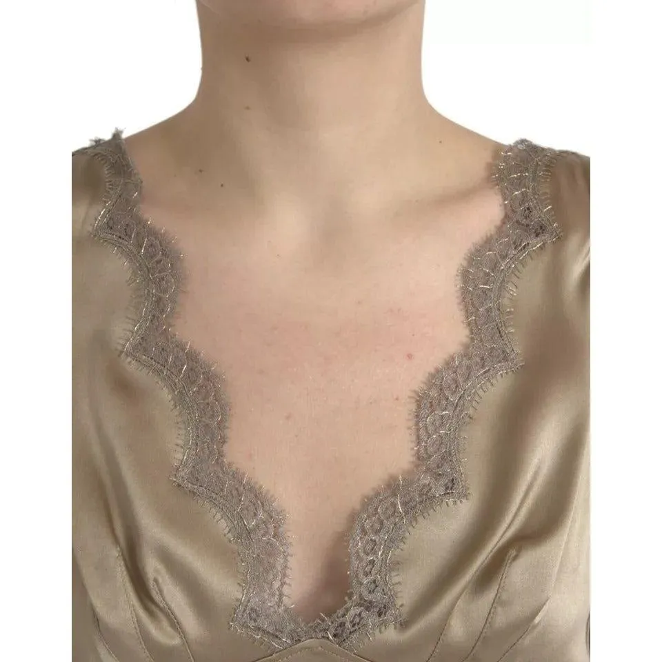 Dolce & Gabbana Brown Lace Trim V-neck Sleeveless Tank Top