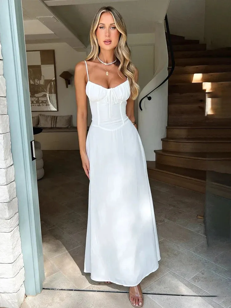 Elegant Maxi Long Waist Wrap A-line Dress Women Spaghetti Strap Spring Summer Dress Backless Sexy Party Dresses