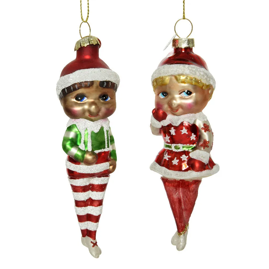 Elves Set of 2 Shaped 3d Retro Glass Christmas Hanging Bauble