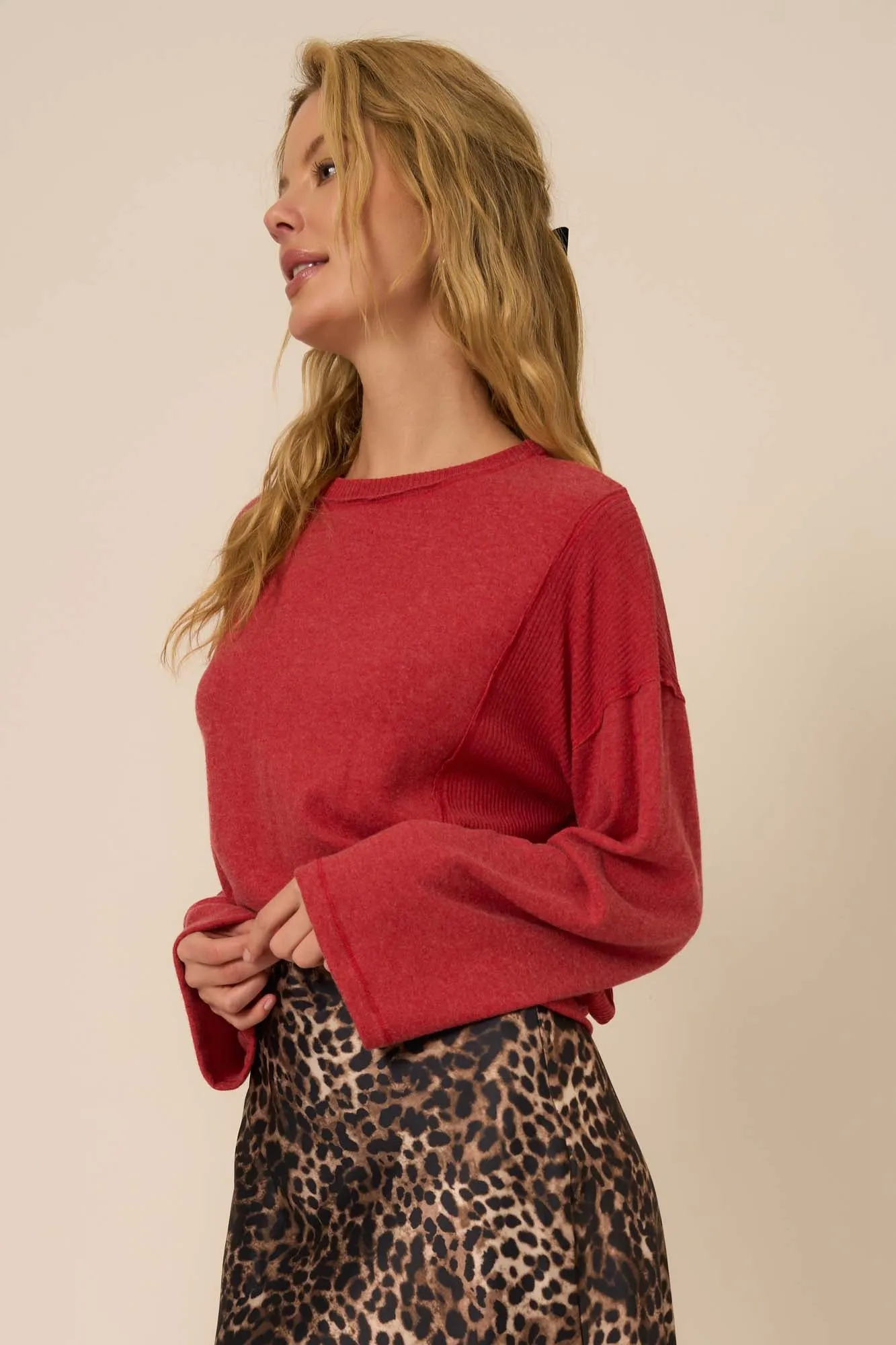 Fairway Heathered Brushed Mixed Rib Long Sleeve - Red Currant