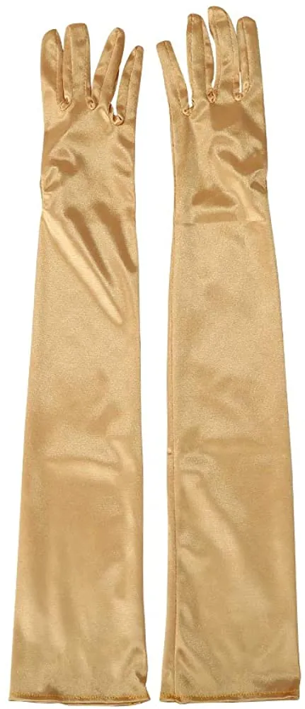 Fancydresswale hand Gloves for women for parties, long colourful satin hand cover 38 cm; Golden