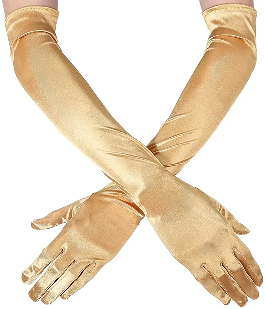 Fancydresswale hand Gloves for women for parties, long colourful satin hand cover 38 cm; Golden