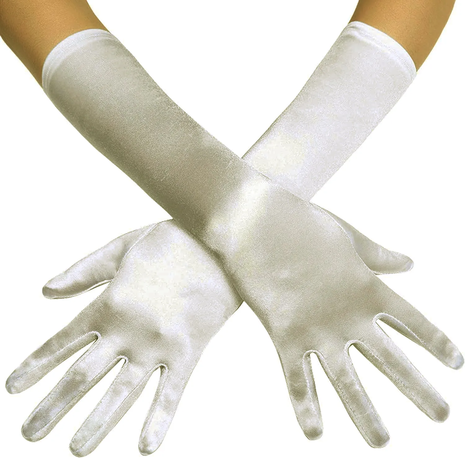 Fancydresswale hand Gloves for women for parties, long colourful satin hand cover 38 cm; Off White