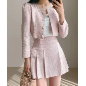 Fashionkova  drama dress to impress  Style Suit 2024 Autumn and Winter Korean Style Small round Neck Short Coat High Waist Slimming Pleated Skirt Two-Piece Set