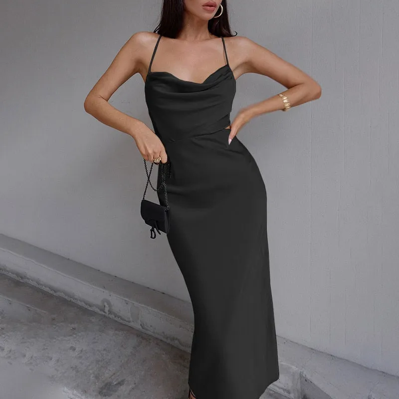 Fashionkova  Sexy Women Satin Spaghetti Strap Party Dresses Summer Lace Up Backless Long Dress Ladies Club Night Dresses Robe De Soiree