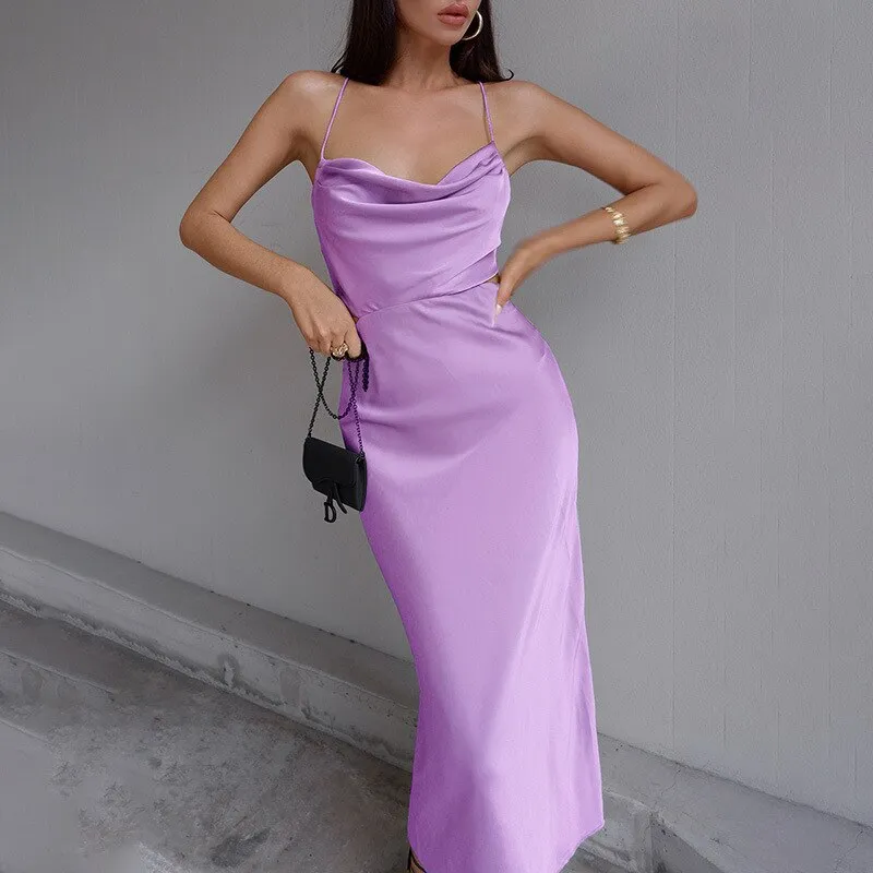 Fashionkova  Sexy Women Satin Spaghetti Strap Party Dresses Summer Lace Up Backless Long Dress Ladies Club Night Dresses Robe De Soiree