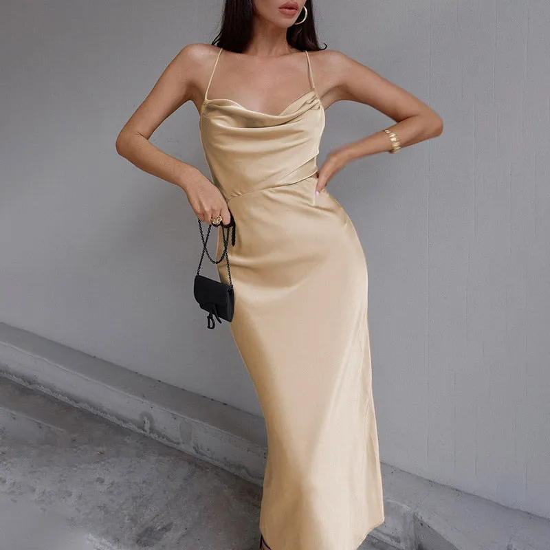 Fashionkova  Sexy Women Satin Spaghetti Strap Party Dresses Summer Lace Up Backless Long Dress Ladies Club Night Dresses Robe De Soiree