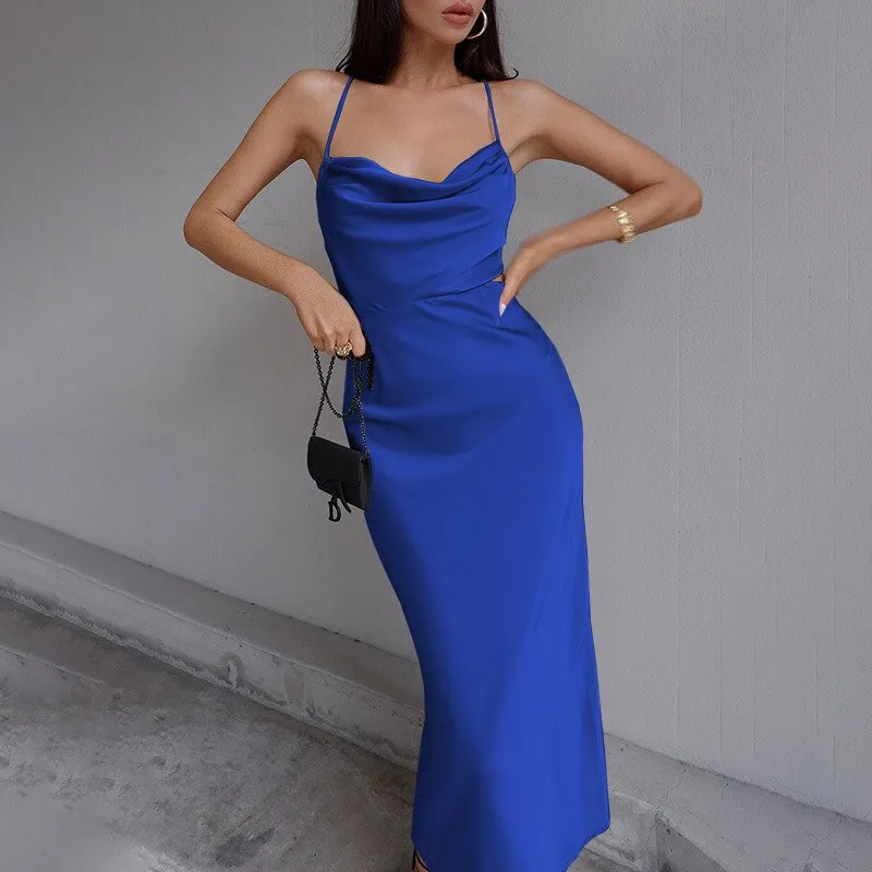 Fashionkova  Sexy Women Satin Spaghetti Strap Party Dresses Summer Lace Up Backless Long Dress Ladies Club Night Dresses Robe De Soiree