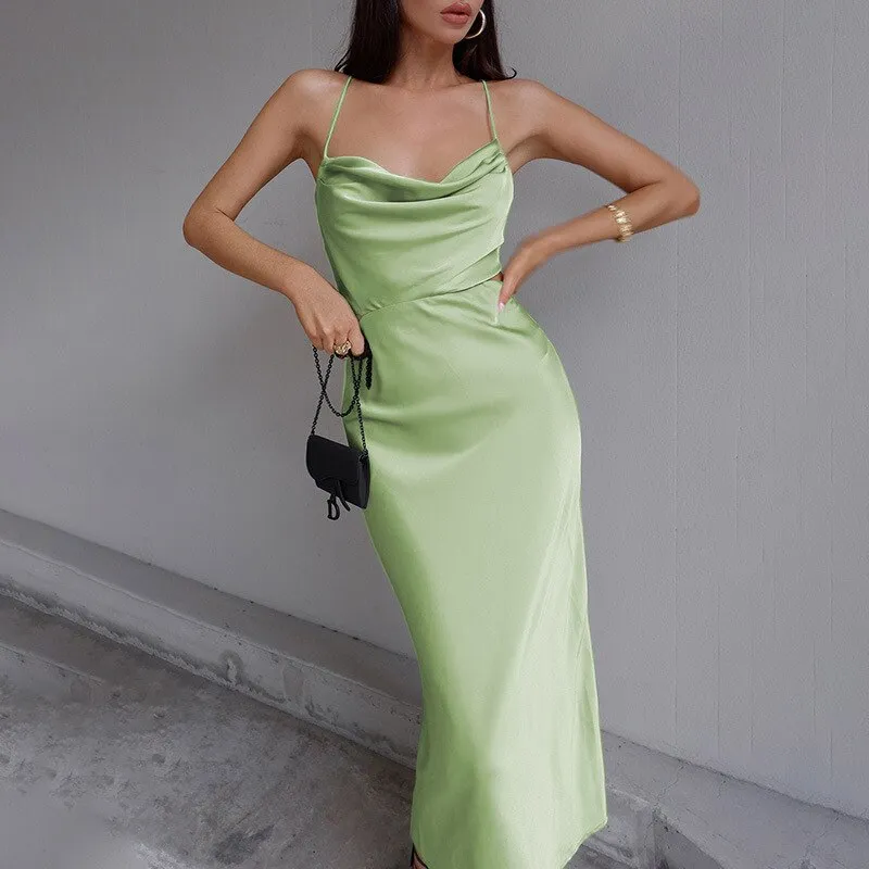 Fashionkova  Sexy Women Satin Spaghetti Strap Party Dresses Summer Lace Up Backless Long Dress Ladies Club Night Dresses Robe De Soiree