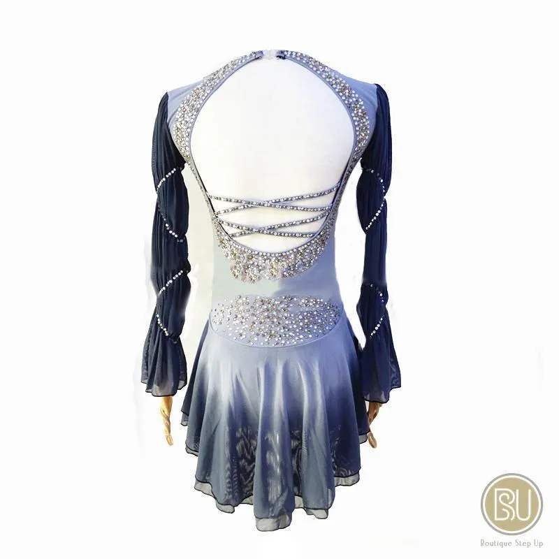 Figure Skating Dress Grey Navy Ombre or Black with Crystals Long Sleeves BSU170322 12-14 Stock