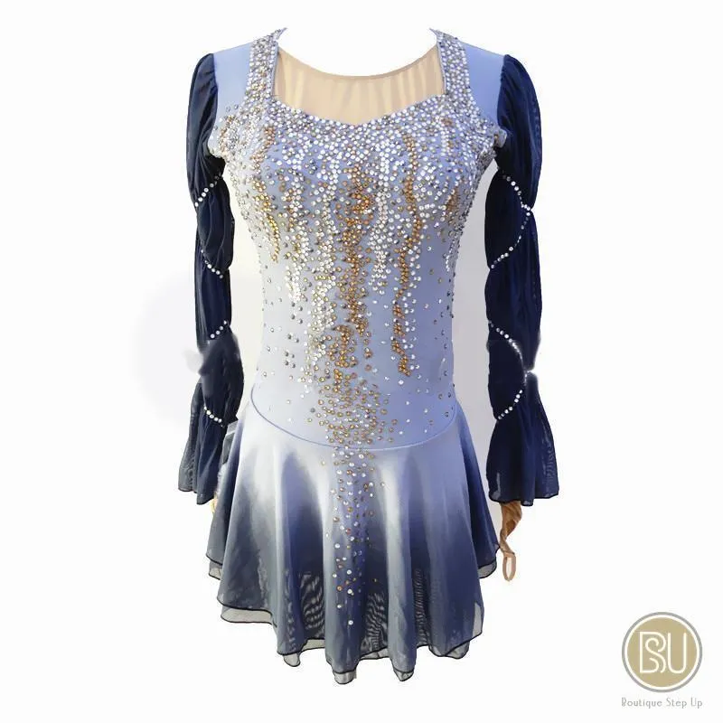 Figure Skating Dress Grey Navy Ombre or Black with Crystals Long Sleeves BSU170322 12-14 Stock