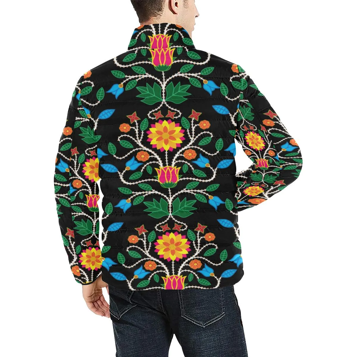 Floral Beadwork Four Clans Men's Stand Collar Padded Jacket