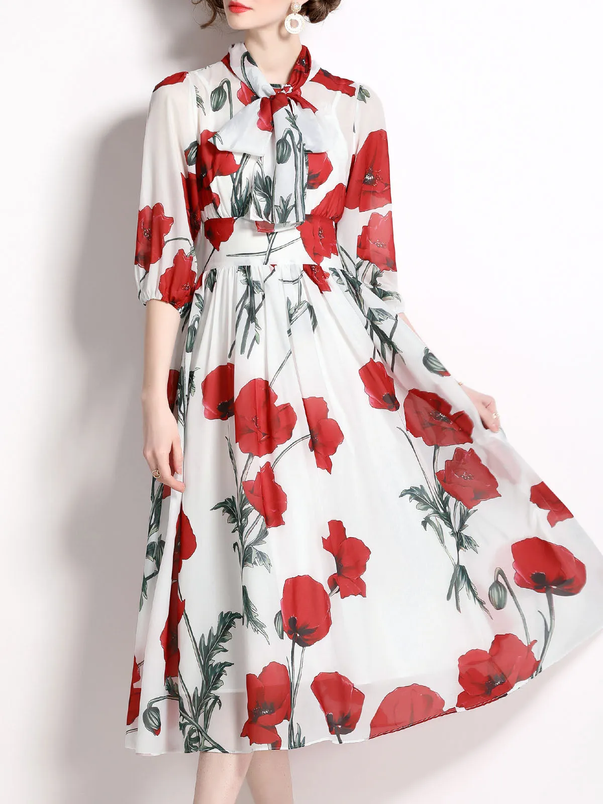 Floral Printed Tie Collar 3/4 Sleeves High Waist Swing Beach Boho Dress