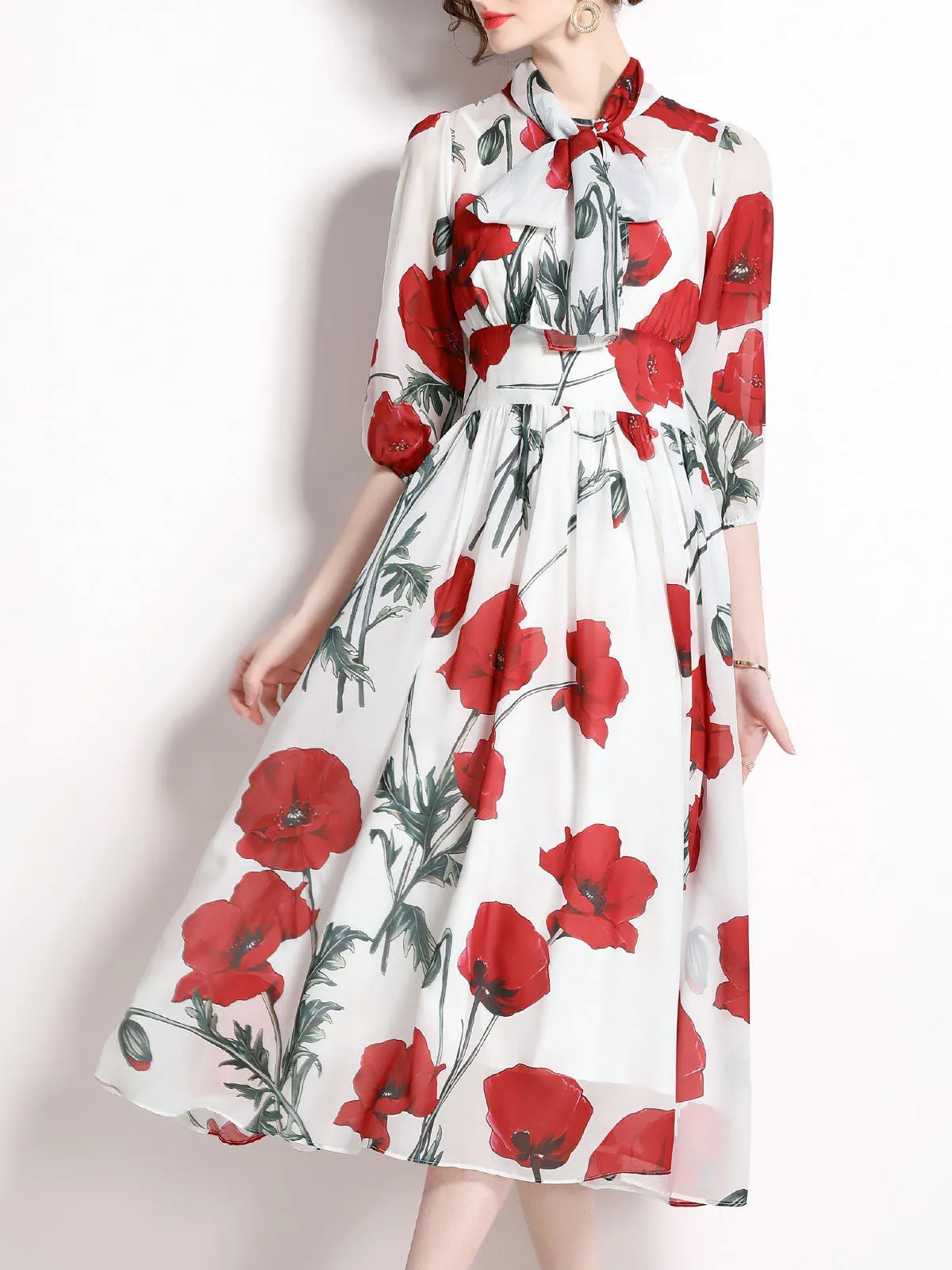 Floral Printed Tie Collar 3/4 Sleeves High Waist Swing Beach Boho Dress