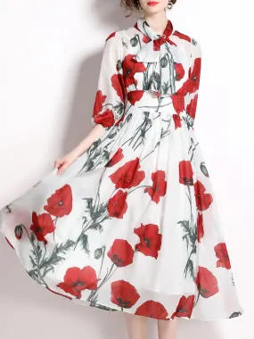 Floral Printed Tie Collar 3/4 Sleeves High Waist Swing Beach Boho Dress