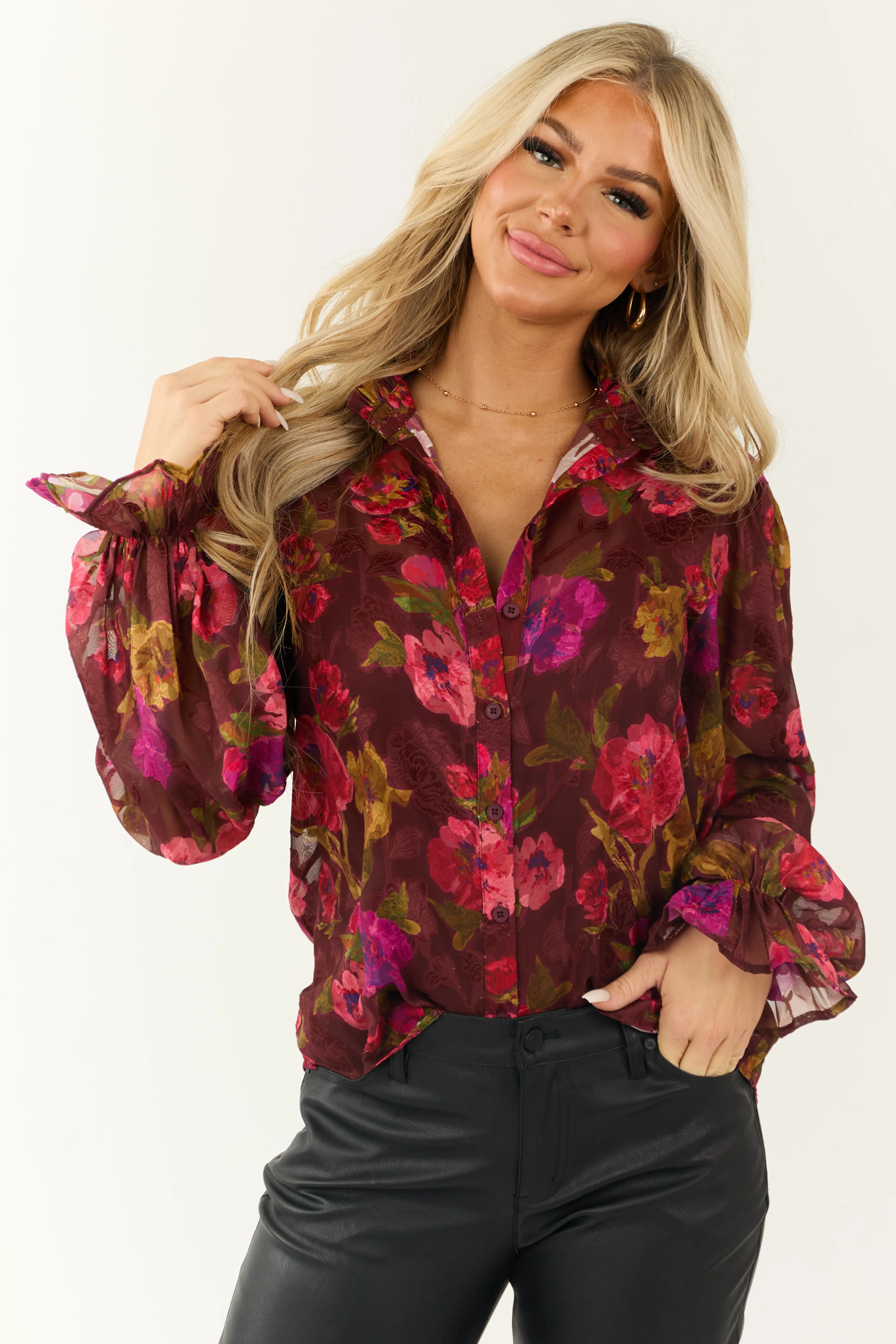 Flying Tomato Marsala Floral Print Button Top