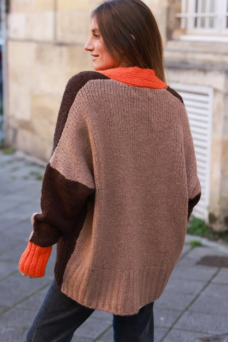 Gilet loose en maille mohair tricolore marron camel et orange