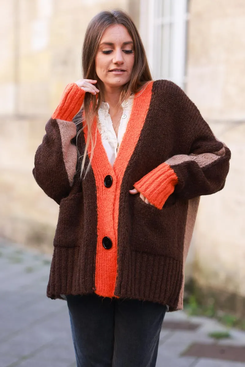 Gilet loose en maille mohair tricolore marron camel et orange