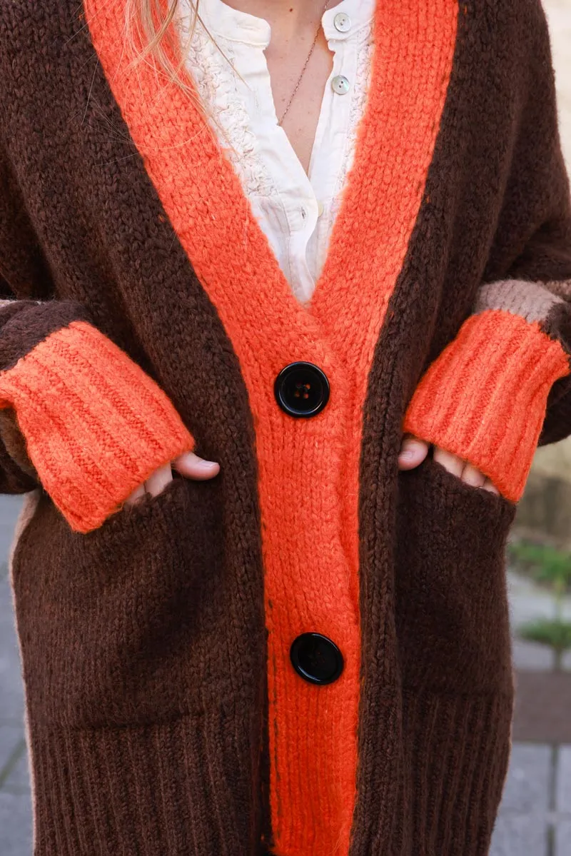 Gilet loose en maille mohair tricolore marron camel et orange